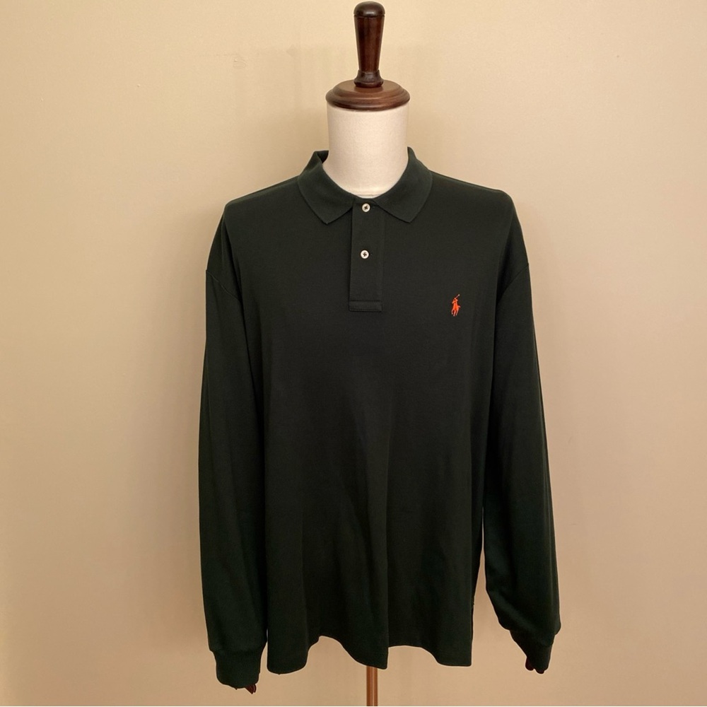 Polo Ralph Lauren Men’s Green XL Pima Soft Touch Long Sleeve Polo Orange Pony‎